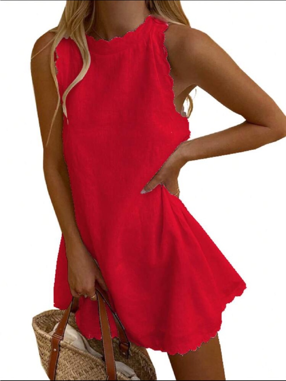NWOT Linen Feel Sleeveless Red Scallop-Edge Swing Dress